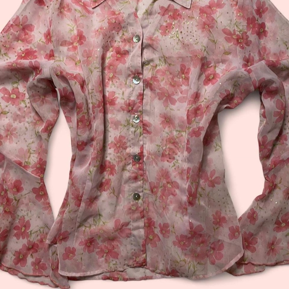 Pink floral button-up blouse with glittery